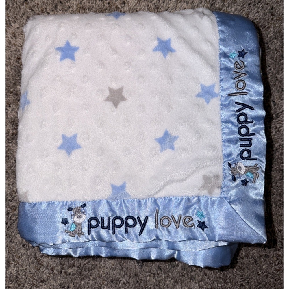 Blue Star Puppy Love Lovey Blanket 30x38" Soft Plush Just Born Satin Trim Dog